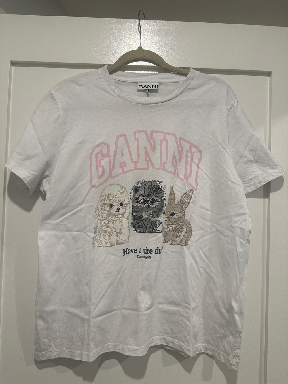 Ganni White Tee with Pink Logo and Animal Trio